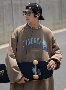 港仔风鹿皮字母印花卫衣日系休闲清洗男士上衣打底衫春季青年T恤