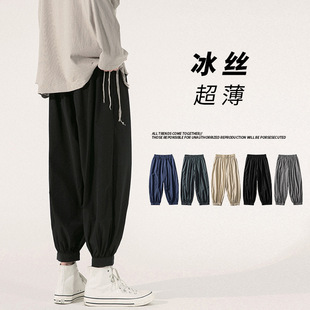 港仔风束脚裤男宽松大码灯绒裤薄款休闲裤夏季冰丝日系收口九分裤