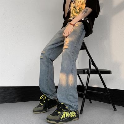 高街男装2023夏季新款破洞牛仔裤男个性小众宽松直筒裤大码长裤子