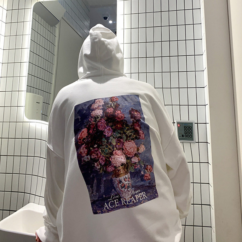 港仔风青年个性花卉印花卫衣休闲连帽上衣春季新款情侣宽松外套潮