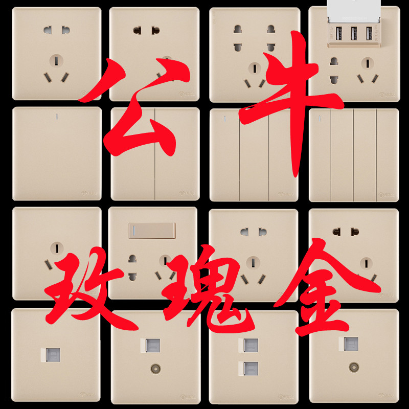 公牛G28金色一开5孔五孔三孔开关插座面板暗装家用二开三开四