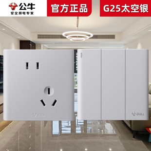 公牛G25太空银色开关插座面板五孔带一开10A空调16A插座暗装 多孔