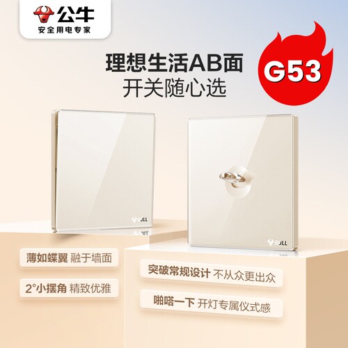 公牛G53奶油金色亚克力玻璃开关插座面板五孔带一开10A空调16A