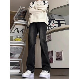 黑灰微喇牛仔裤男款2025新款冬季加绒加厚美式高街裤子复古直筒裤