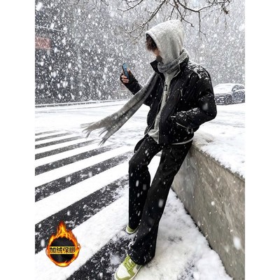 黑色微喇加绒牛仔裤男款冬季美式高街vibe风裤子cleanfit直筒裤子