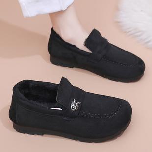 老北京布鞋女秋冬季加绒上班鞋平底黑色工作豆豆棉鞋一脚蹬懒人鞋