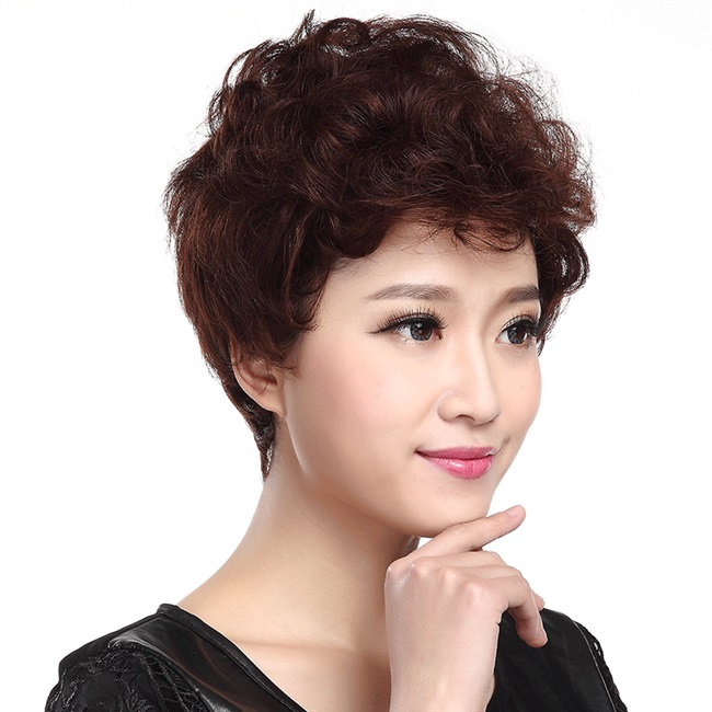 高档女士中老年假发 短卷发蓬松 中老年妈妈短发逼真  真发头套