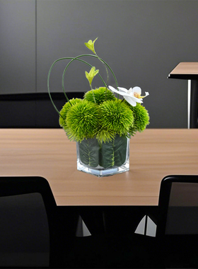现代简约小清新绿色款玻璃方杯仿真花艺茶几玄关商务办公会议桌花
