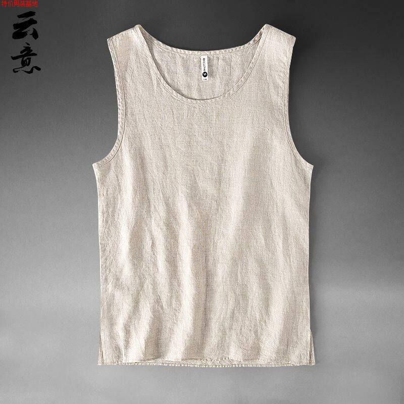 亚麻背心男装夏天薄大码沙滩宽松砍袖麻料无袖汗衫纯色坎肩韩版T