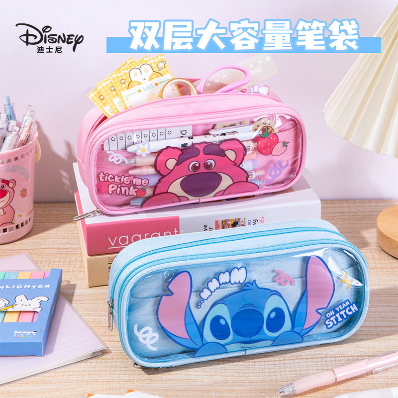 迪士尼草莓熊透明笔袋女孩高颜值卡通笔袋男小学生大容量文具袋儿童耐脏铅笔袋双层文具盒上学专用铅笔收纳袋