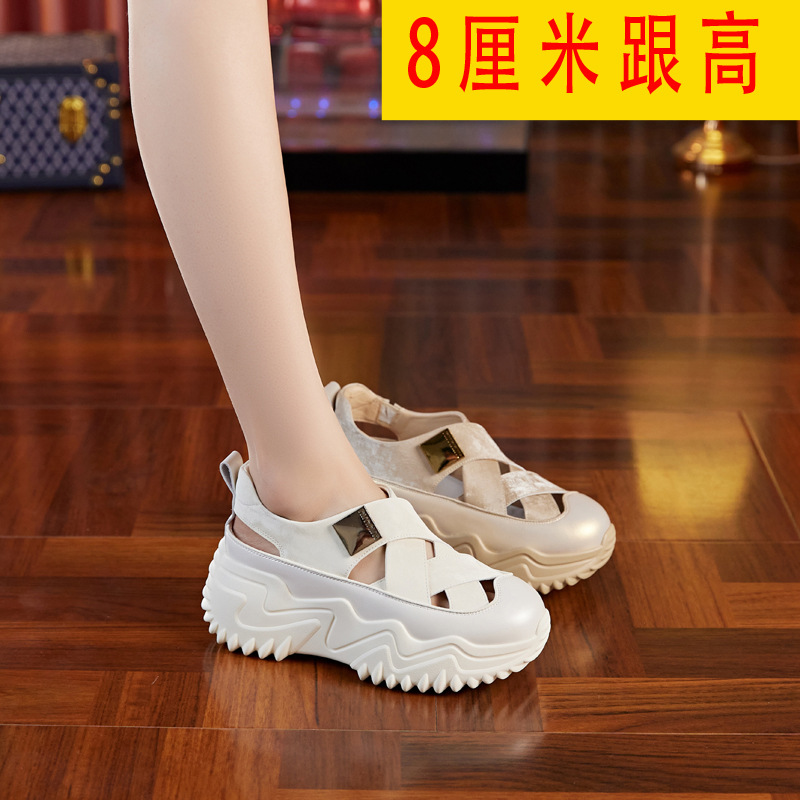 雨土同款凉鞋女2024年夏季爆款8cm包头镂空真皮女士休闲鞋潮