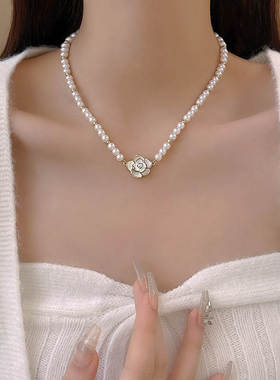 韩国新款轻奢小众山茶花项链女i