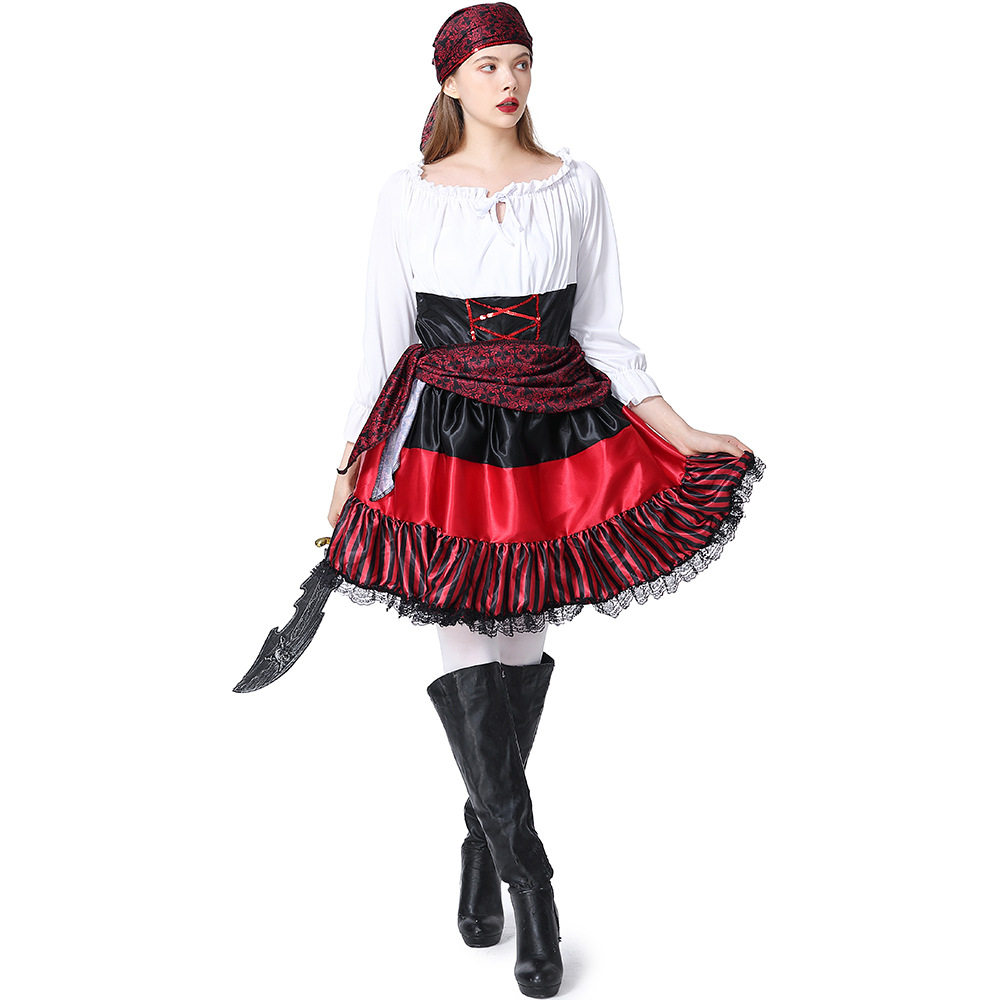 红色条纹海盗裙成人儿童女海盗衣服cosplay万圣节舞台表演出服装