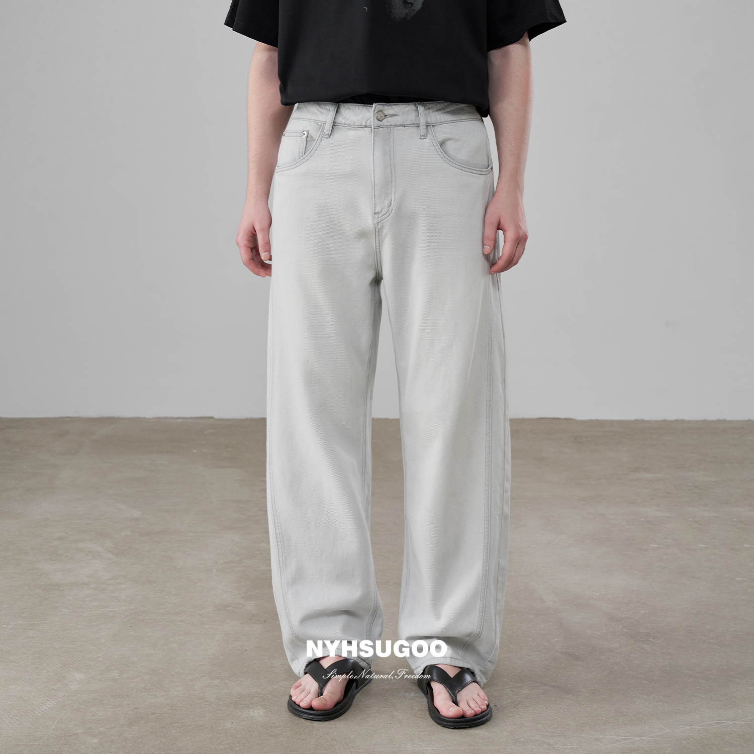 NYHSUGOO/南乙夏季微弯刀牛仔裤炒盐工艺100%棉男士3711牛仔裤