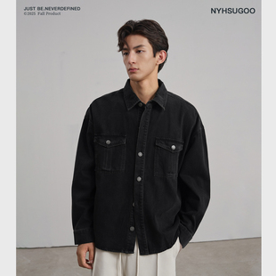 双口袋黑色百搭3869外套 石磨水洗做旧牛仔衬衫 NYHSUGOO 南乙秋季