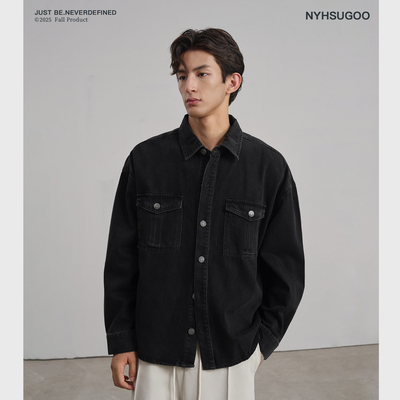 NYHSUGOO/南乙秋季石磨水洗做旧牛仔衬衫双口袋黑色百搭3869外套