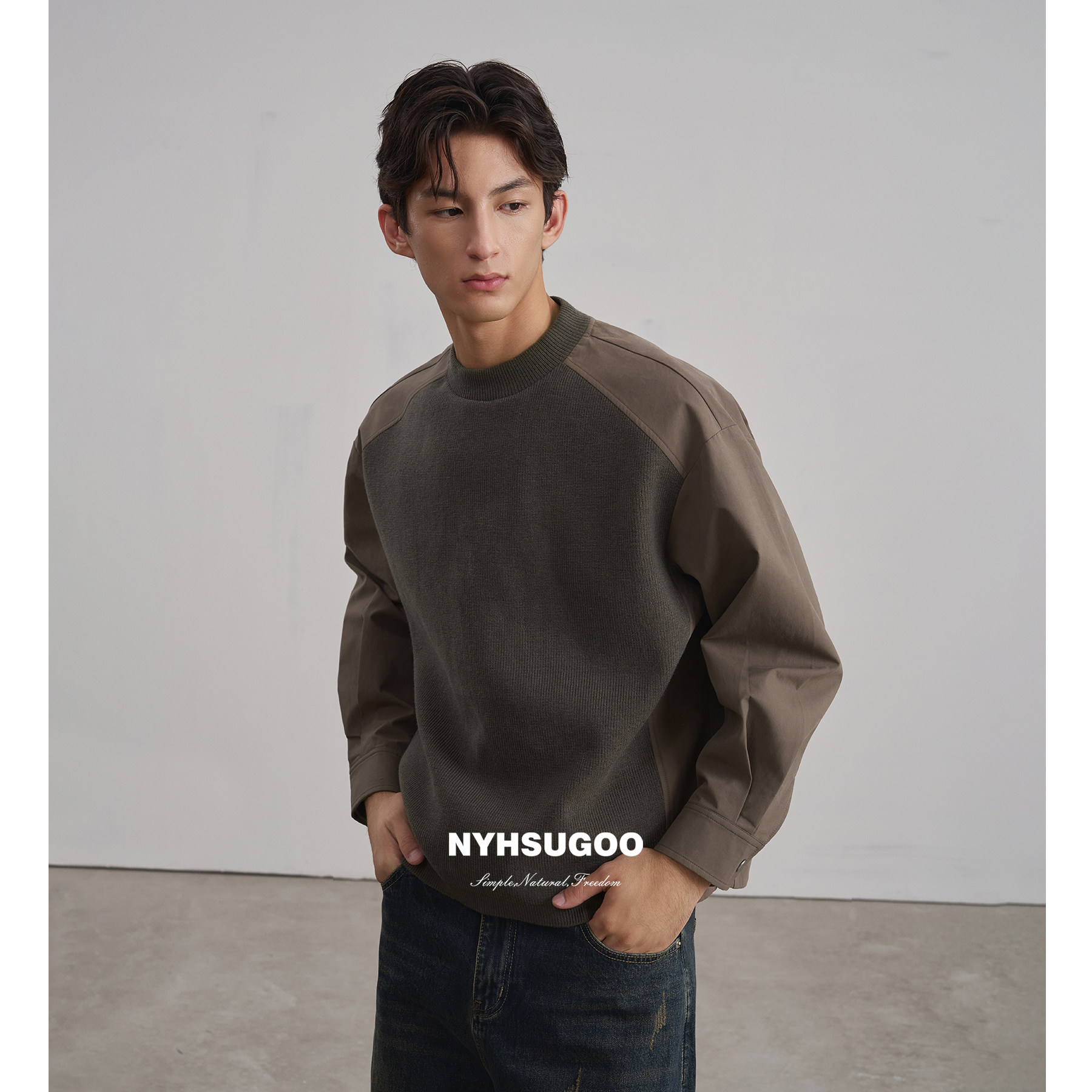 NYHSUGOO/南乙秋季毛织拼接套头卫衣男士简约廓形3873长袖上衣
