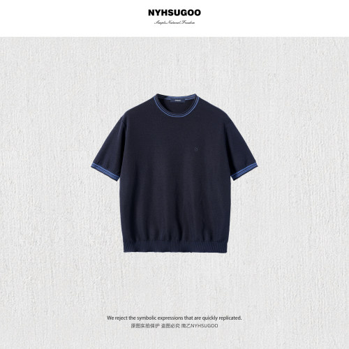NYHSUGOO/南乙300克14针24支单股领口撞色圆领短袖男针织衫25258