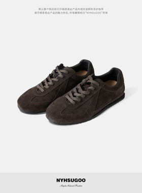 NYHSUGOO/南乙薄底方头德训鞋咖色全真皮男士复古3853秋冬休闲鞋