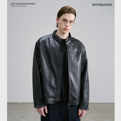 南乙NYHSUGOO 秋季黑色机车短款皮衣男士秋季宽松立领外套 3826