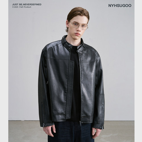 南乙NYHSUGOO 秋季黑色机车短款皮衣男士秋季宽松立领外套 3826