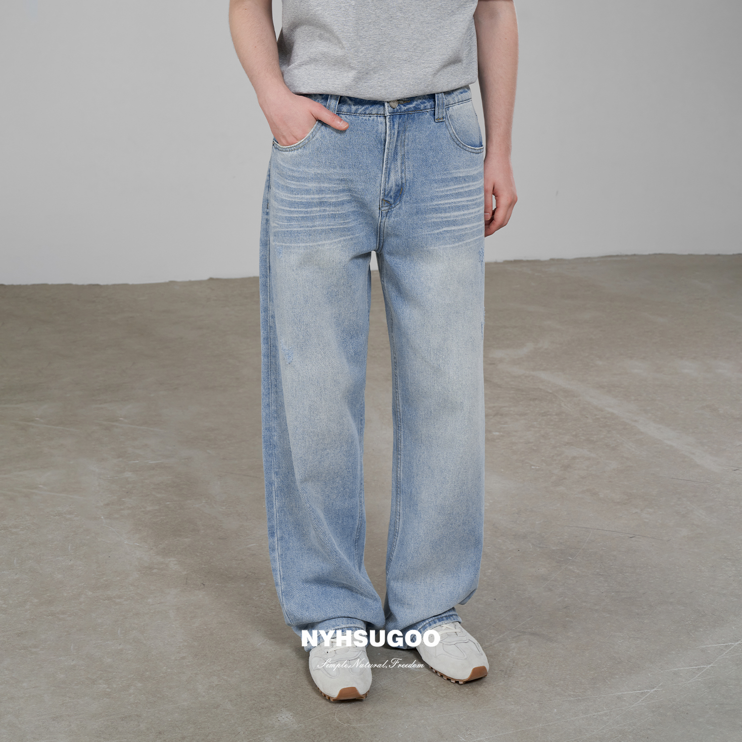 [清仓]NYHSUGOO/南乙夏季牛仔裤炒盐工艺男士3656手工猫须牛仔裤
