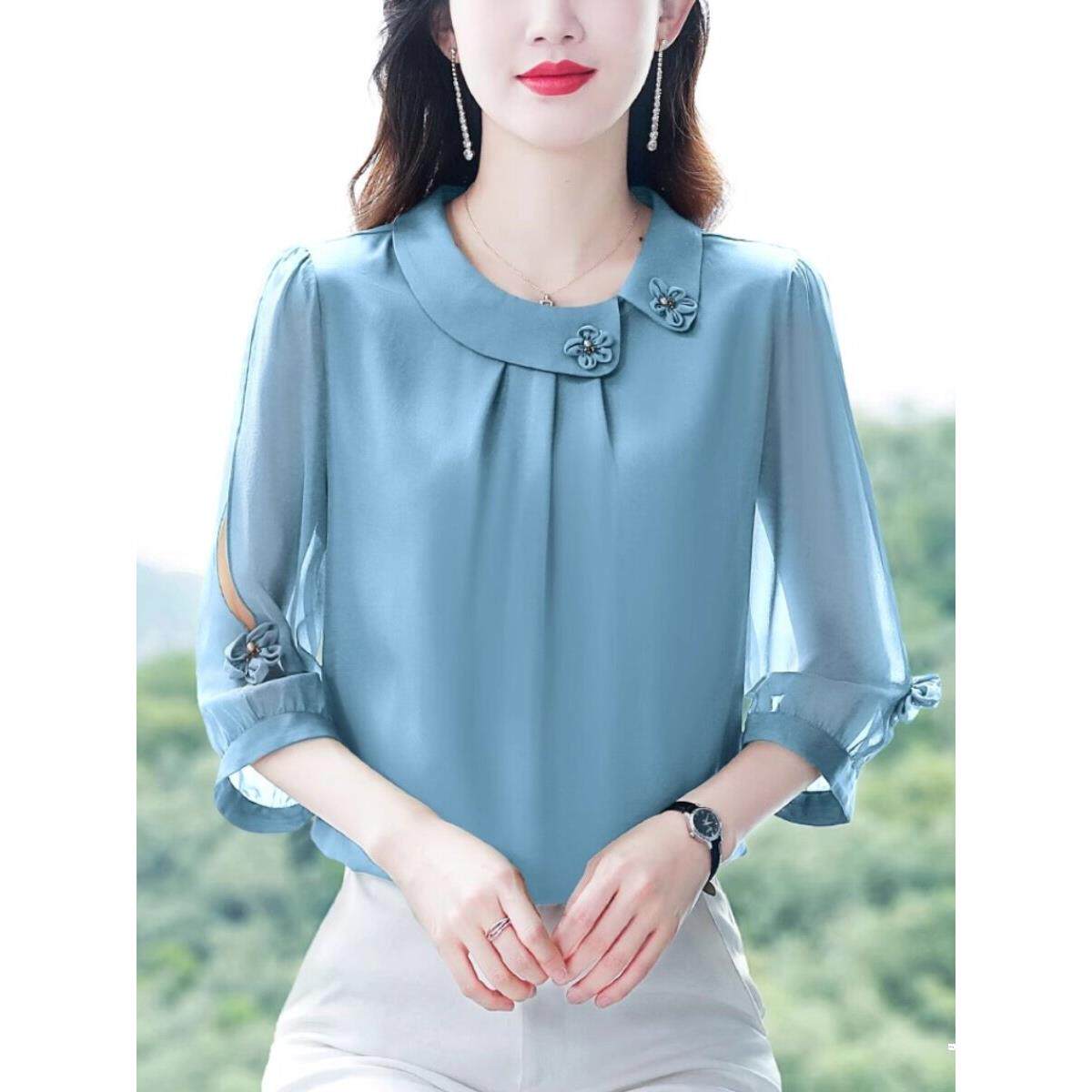 真丝衬衣女士夏季七分袖气质小衫夏季新款妈妈时尚衬衫桑蚕丝上衣