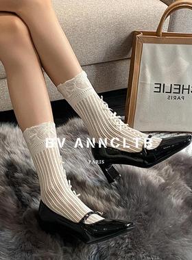 BV ANNCLTB新款法式粗跟高跟鞋方头气质显瘦一字带玛丽珍浅口单鞋
