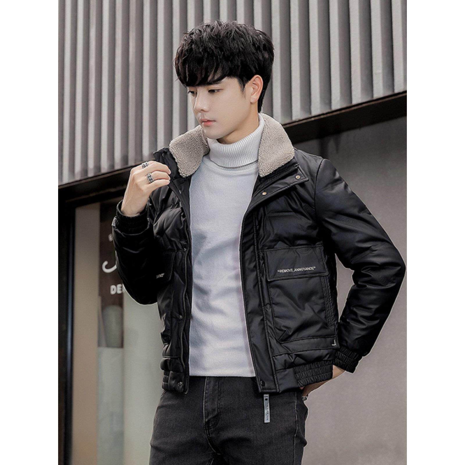 冬季男生休闲羽绒服短款羊羔毛领韩版修身帅气白鸭绒加厚皮衣外套