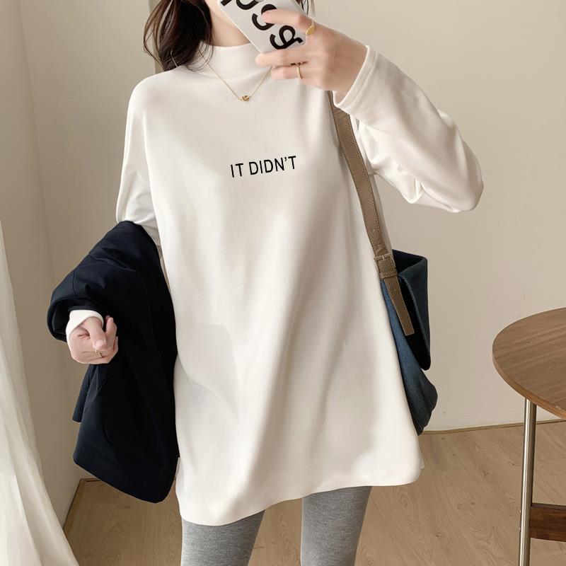 韩国中长款半高领打底衫女内搭2024春秋长袖白色磨毛t恤加厚上衣