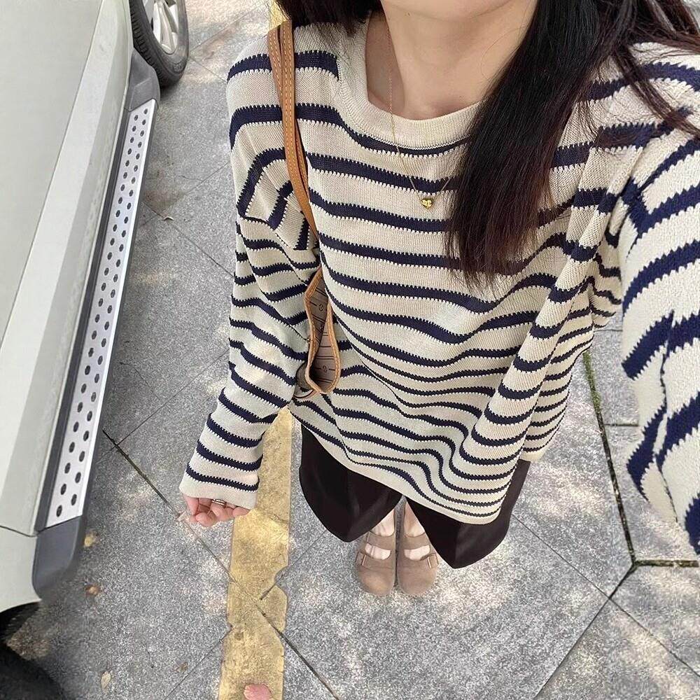 日系条纹T恤女春秋季2025新款设计感薄款长袖慵懒风防晒罩衫上衣