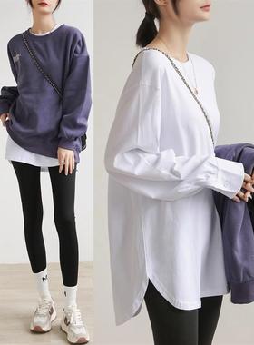 2025秋冬新款纯棉白色T恤女长袖中长款开叉高级感叠穿内搭打底衫