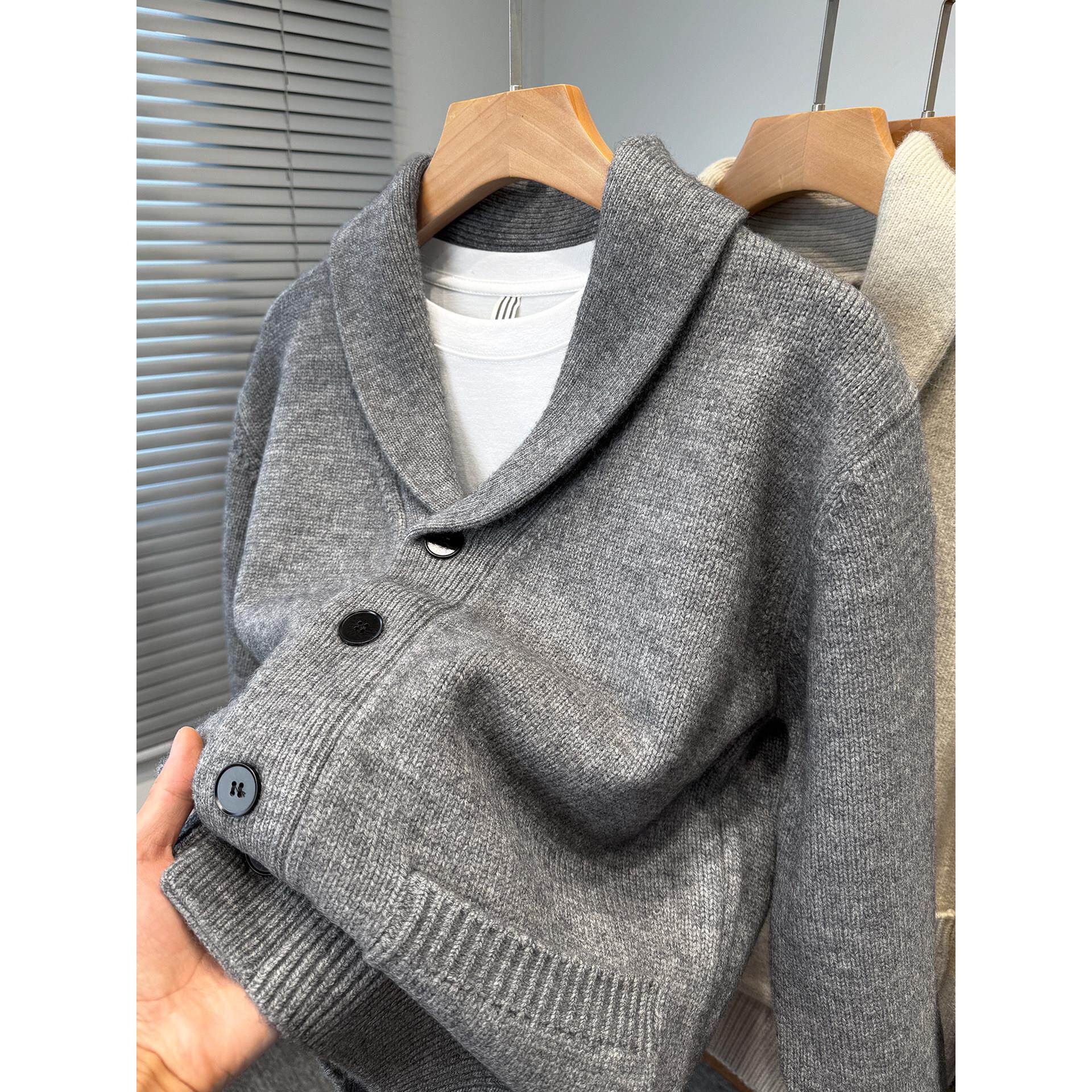 rcbb~时髦感倍增！青果领针织开衫男加厚韩版休闲翻领毛衣外套潮