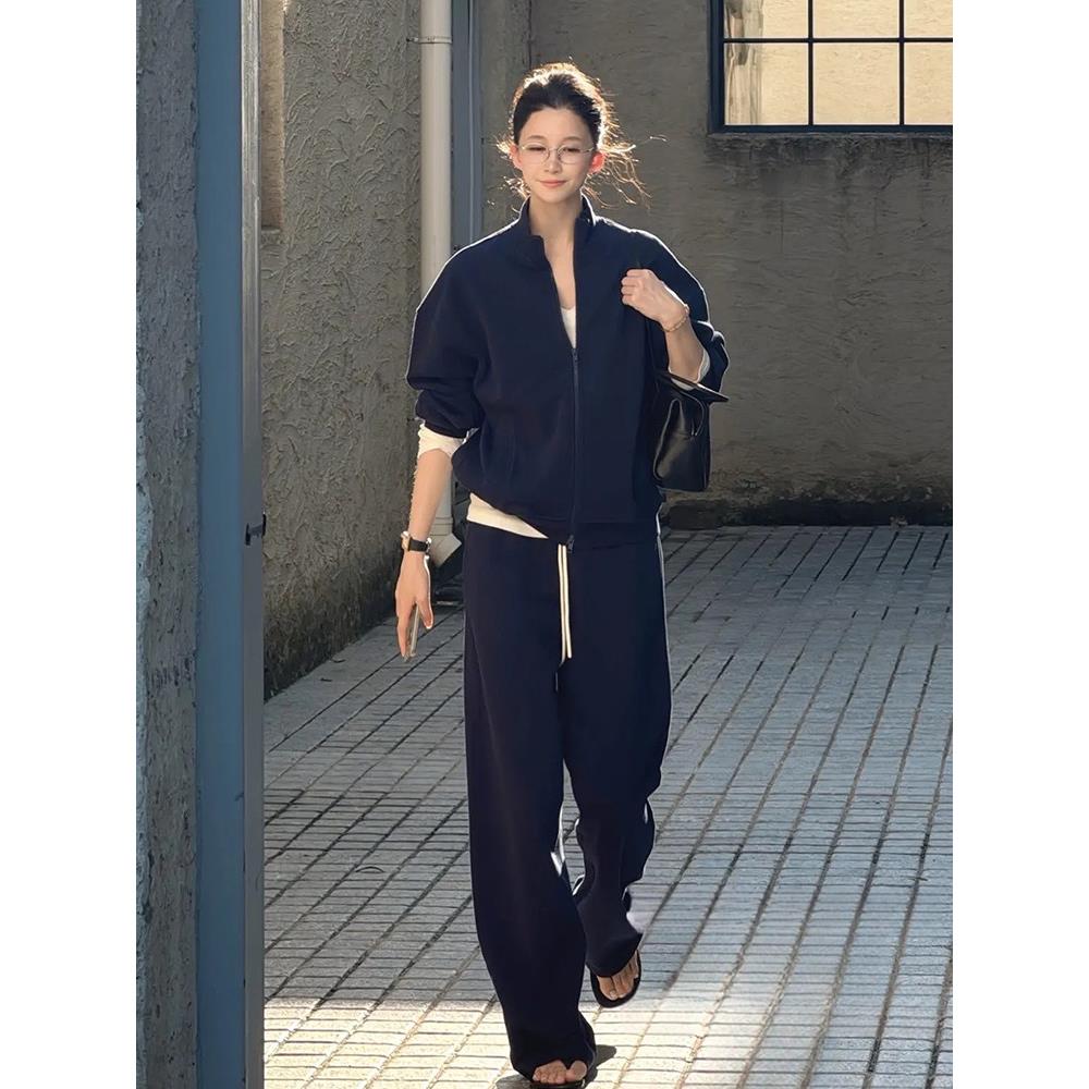 潮牌运动服套装女2025春秋季欧货休闲显瘦小香风蓝色卫衣两件套装