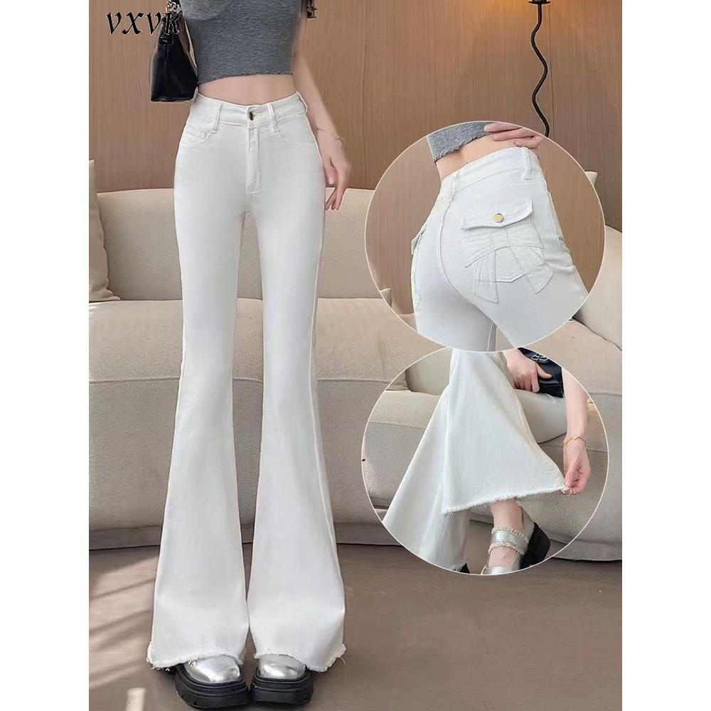 高弹力白色毛边微喇牛仔裤女2026春季高腰修身显瘦刺绣喇叭马蹄裤