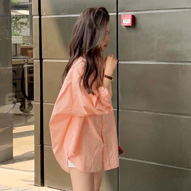 条纹衬衫女装2025夏季新款设计感中长款橘色长袖上衣防晒衬衣外套