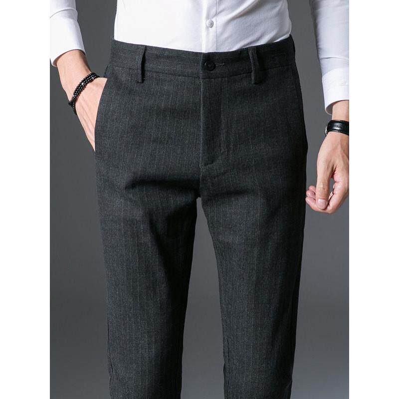 新品春秋季毛呢条纹西裤男士修身厚款直筒商务正装免烫磨毛休闲裤