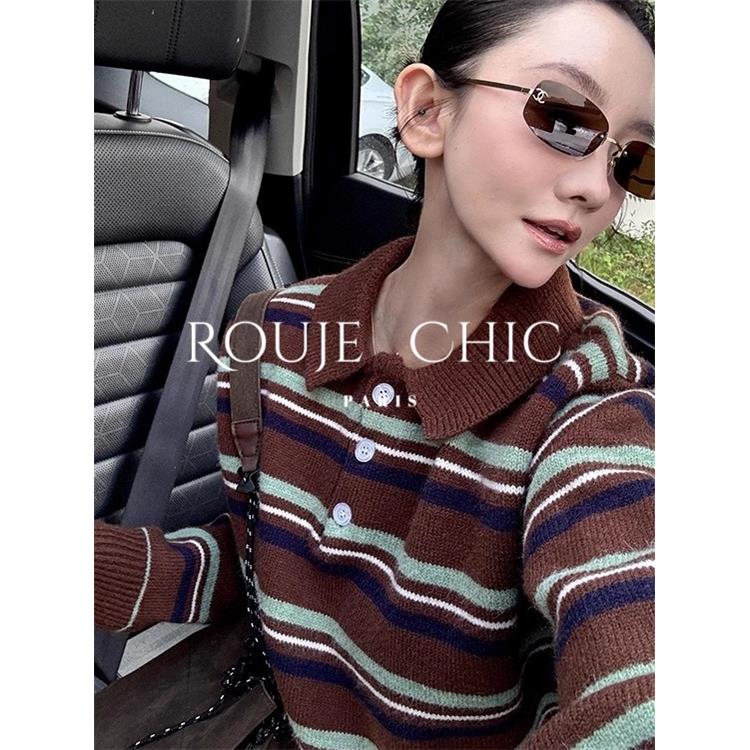 法国rouje chic法式棕色POLO领条纹针织衫毛衣女秋冬覆古宽松上衣