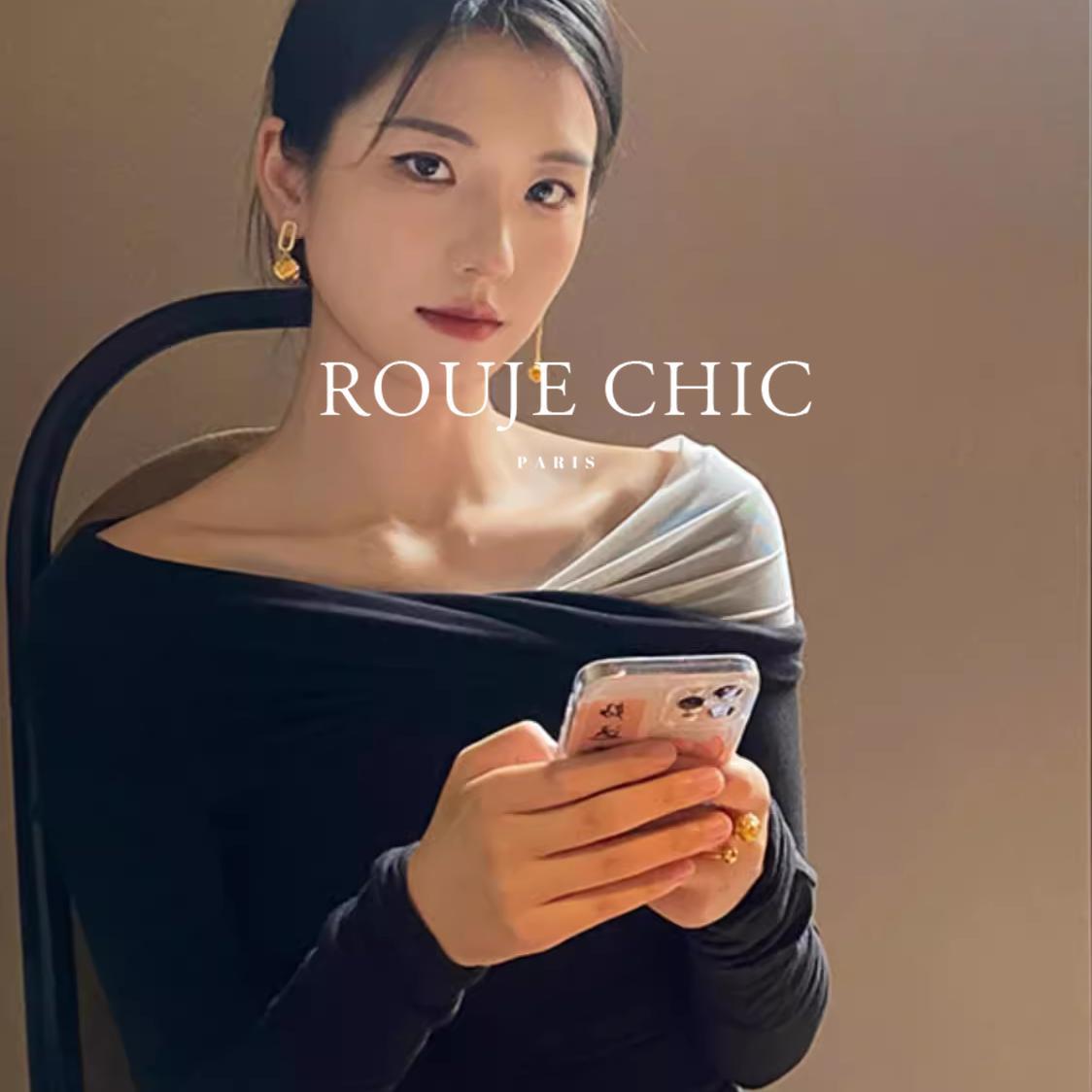 法国rouje chic秋冬法式复古拼接一字肩针织衫毛衣女紧身内搭上衣