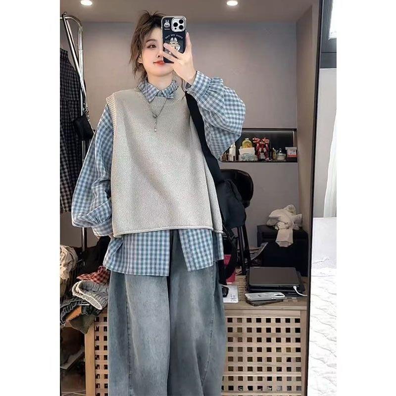 香港大码韩系设计感格子长袖衬衫穿搭马甲套装女春秋季新款两件套