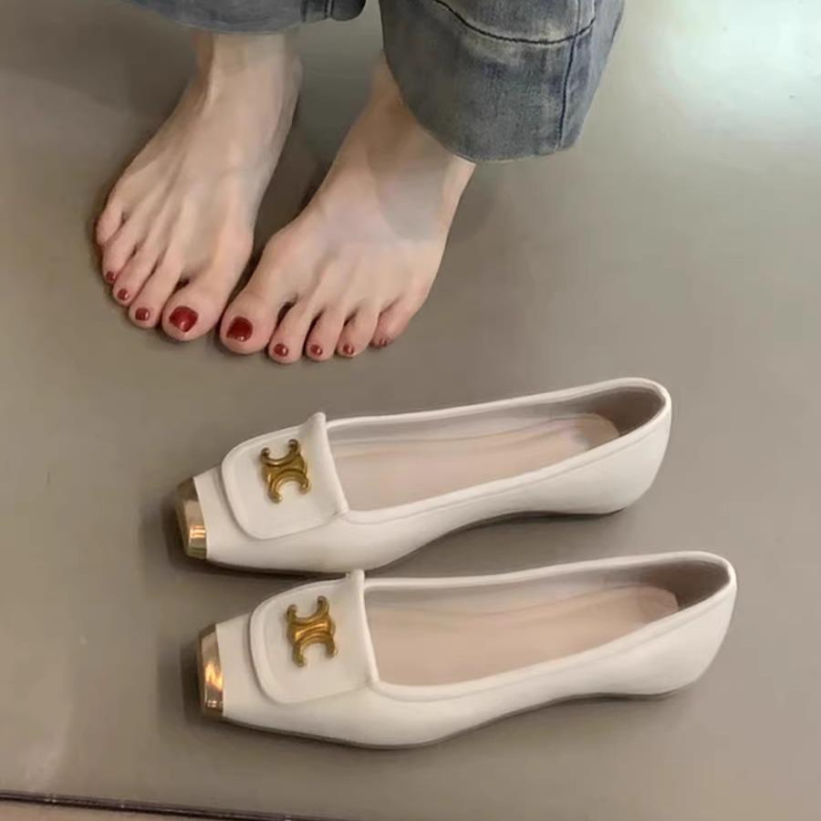 羊皮版~金属方头气质浅口单鞋内增高法式玛丽珍女鞋晚晚风平底鞋