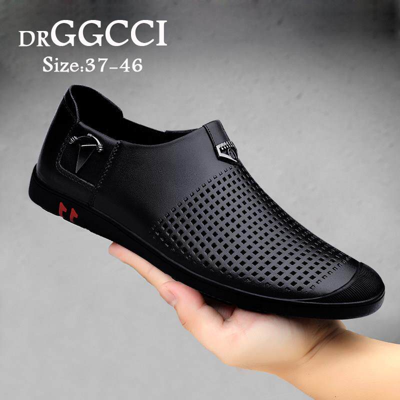 DRGGCCI一脚蹬豆豆鞋夏季透气洞洞鞋男真皮软底大码镂空西装皮鞋