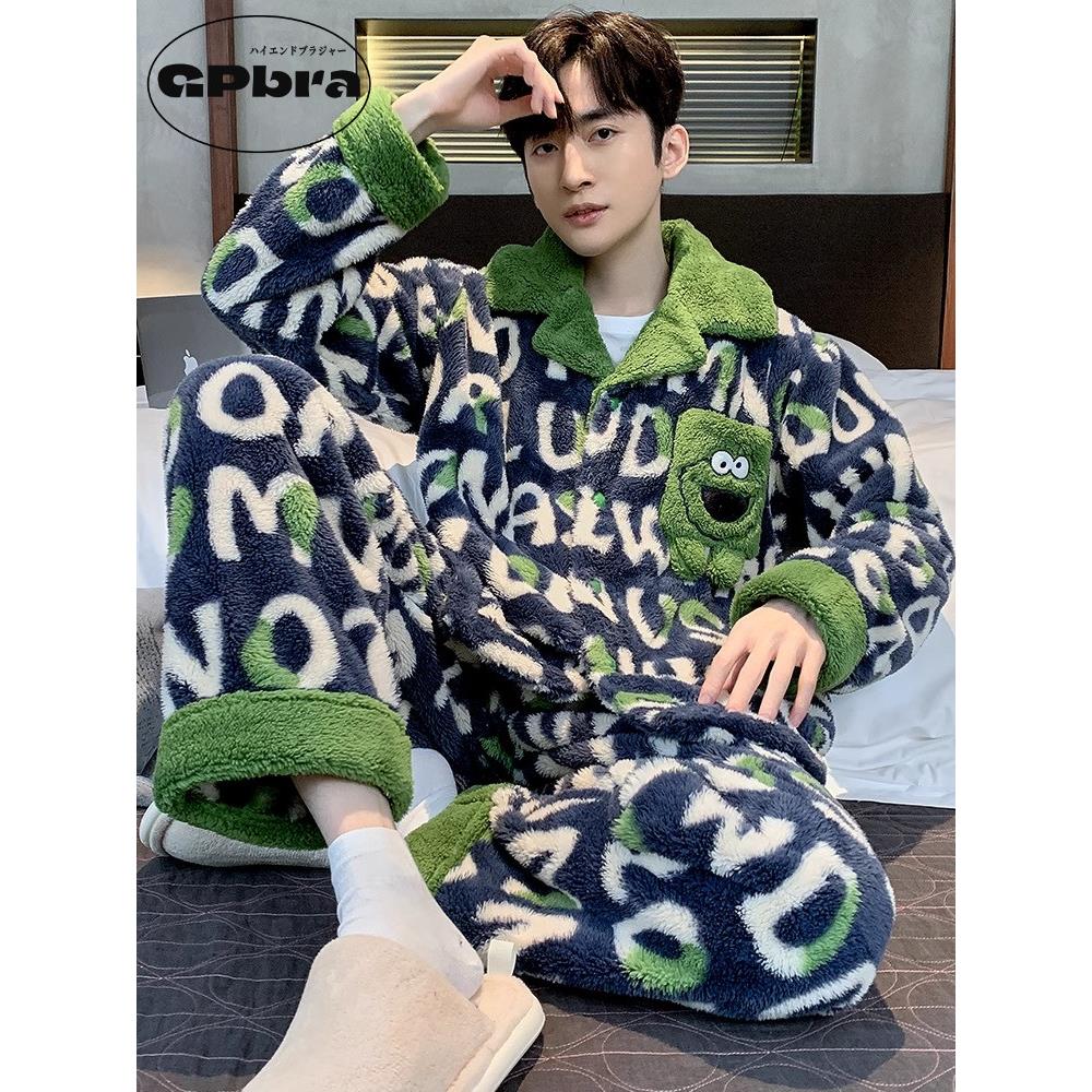 日系GP珊瑚绒睡衣男士2025新款冬季加厚加绒法兰绒保暖翻领家居服