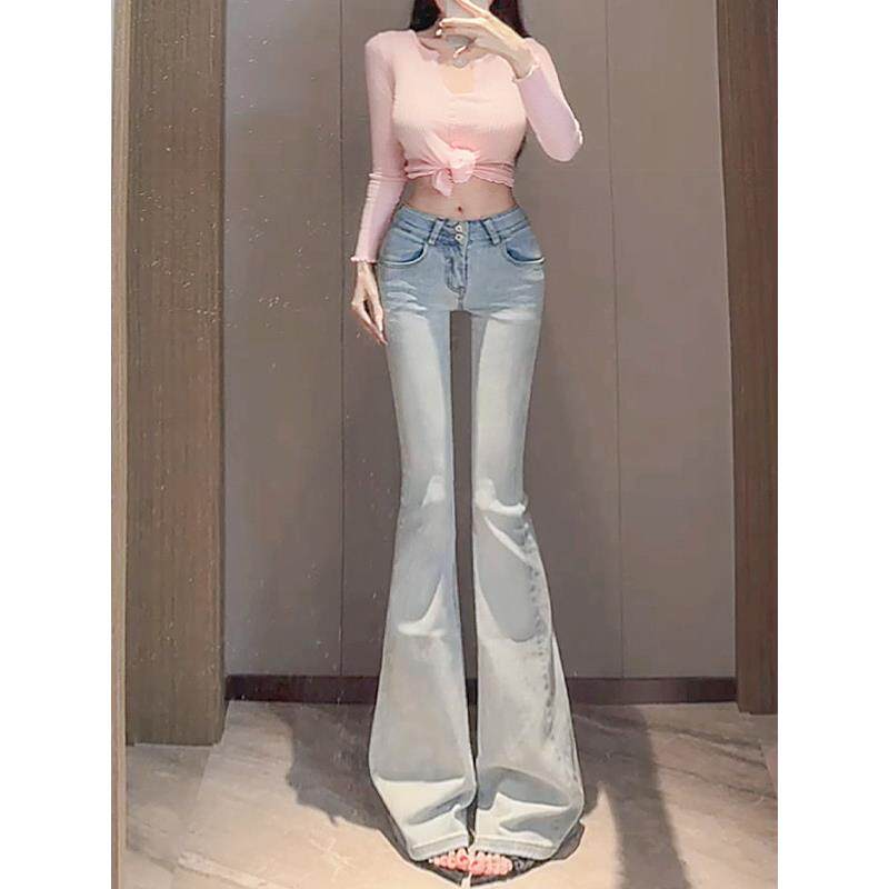 SNICYKER浅色低腰微喇叭牛仔裤女年新款美式辣妹弹力修身喇叭裤
