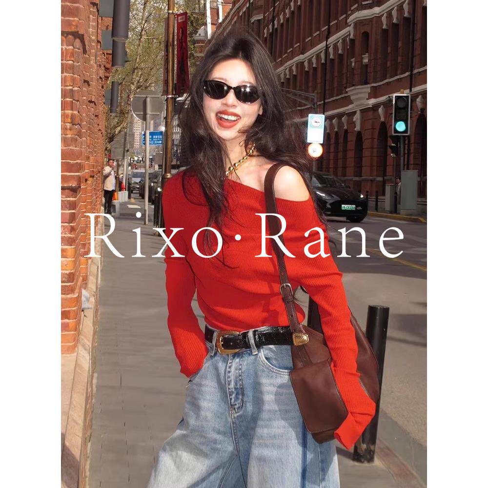 法国Rixo Rane超火减龄独特超好看上衣小众独特韩系斜肩领红色t恤