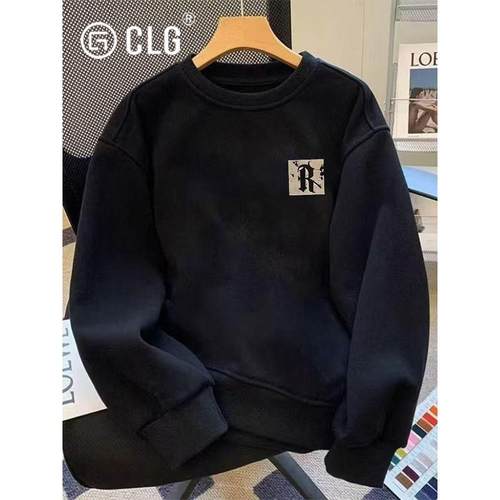 香港CLG潮牌美式覆古高街潮流痞帅重磅纯棉圆领卫衣T秋冬宽松百搭