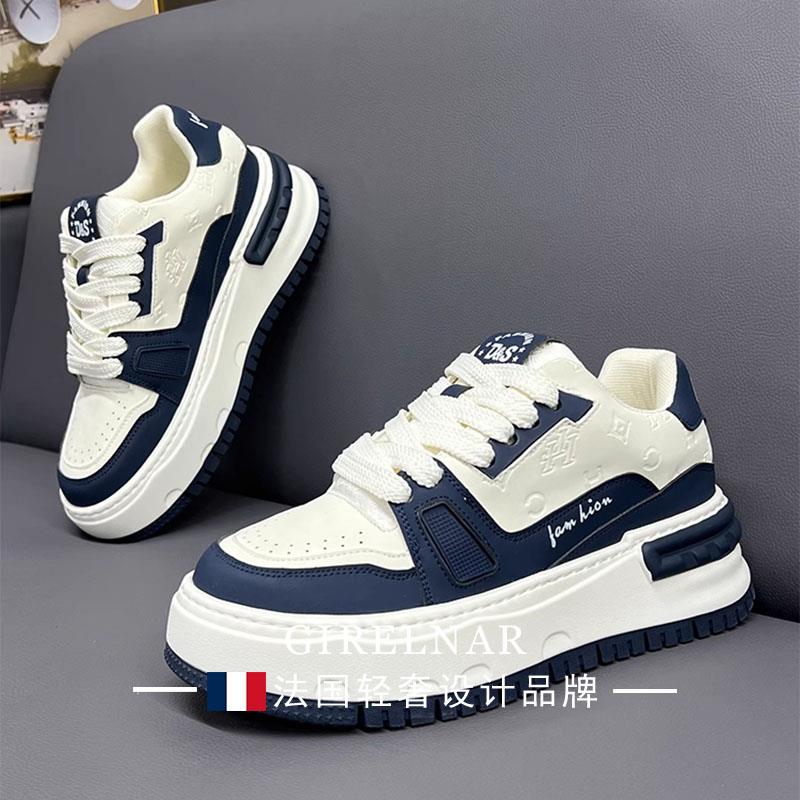 爵澜纳轻奢男鞋2025新款复古印花真皮老爹鞋男潮流百搭休闲鞋男