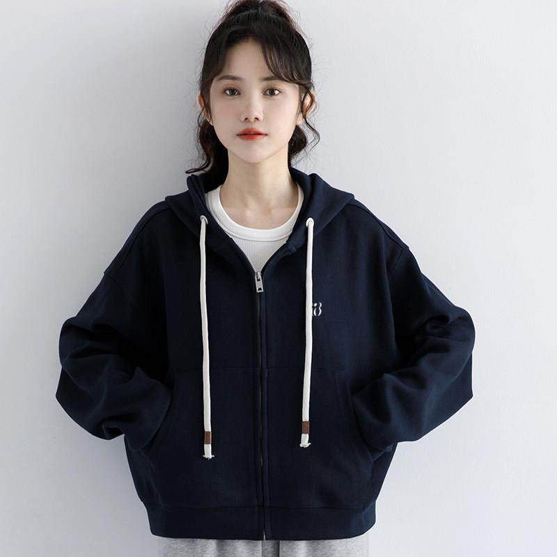 韩国2025新款藏蓝色连帽卫衣外套女春秋拉炼开衫休闲短款上衣冬潮