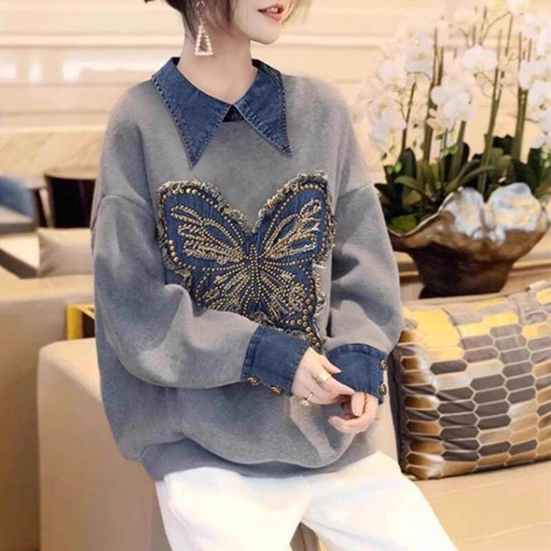 欧洲站高级感拼接牛仔假两件卫衣女2025新款爆款春秋冬季长袖上衣