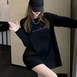 欧洲站黑色宽松T恤女潮牌2025年新款春秋季潮纯棉休闲中长版上衣